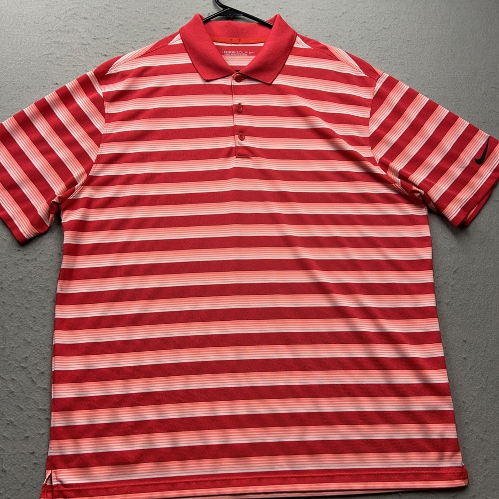Nike Golf Polo Shirt Mens XL Red Pink Striped Tour Performance Dri-Fit Casual